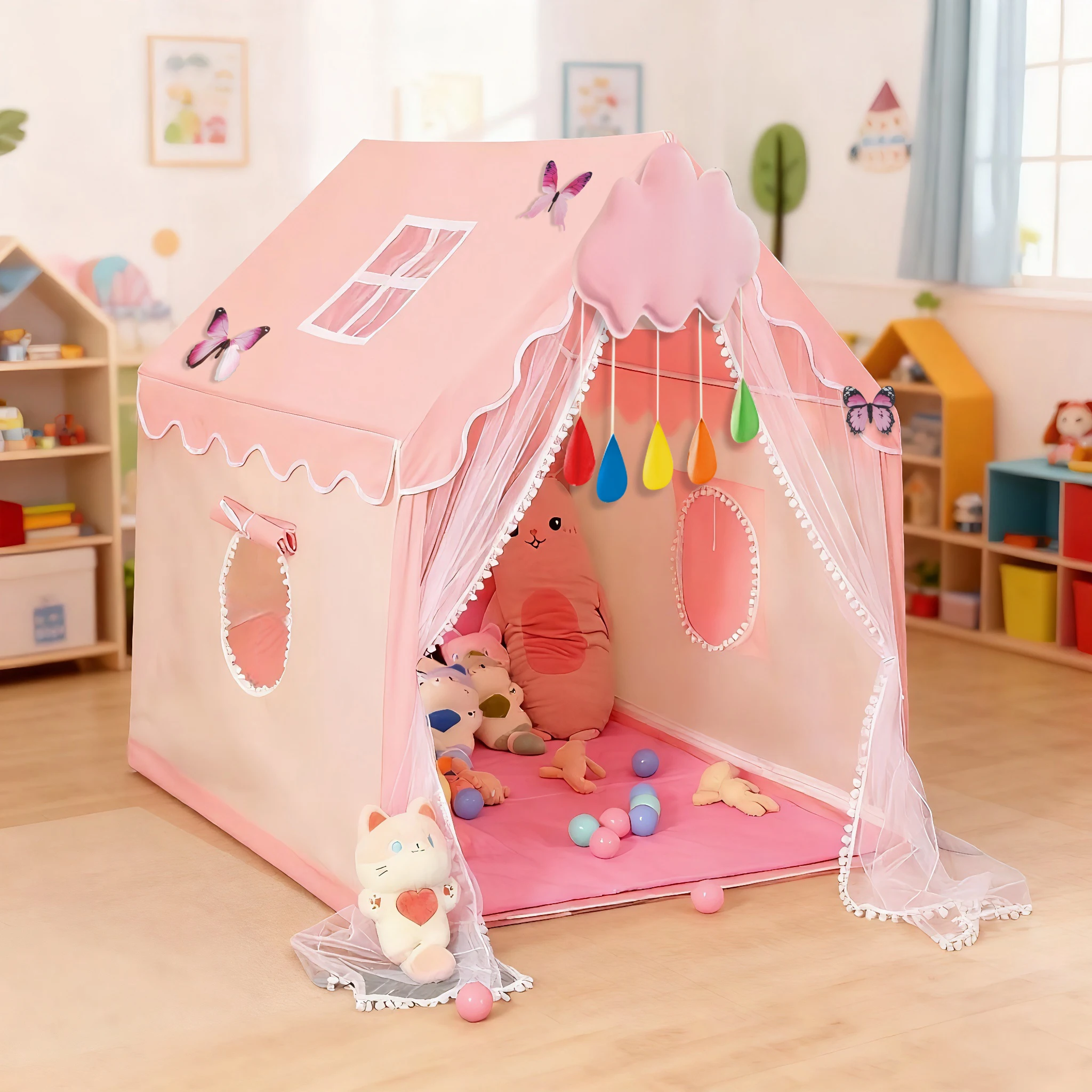 

Палатка-балдахин, детский игровой домик, палатка-казачий замок, палатка для ролевых игр, детская игровая палатка, секретное пространство для детей, портативный игровой домик, в комплекте с облаками/бабочками, украшения для вечеринок на день рождения/Рожде