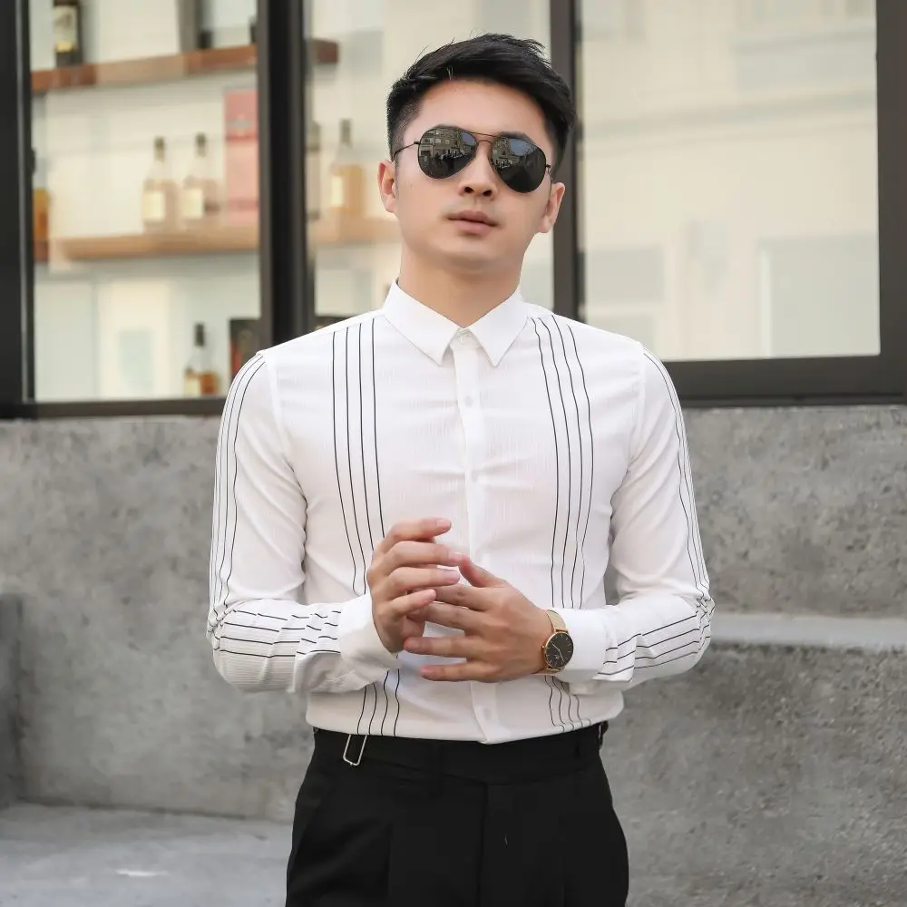 High Quality Men’s Spring&Autumn Korea Version Long Sleeve Fashion Stripe Printing Casual Shirts Slim-fit All Match Street Shirt