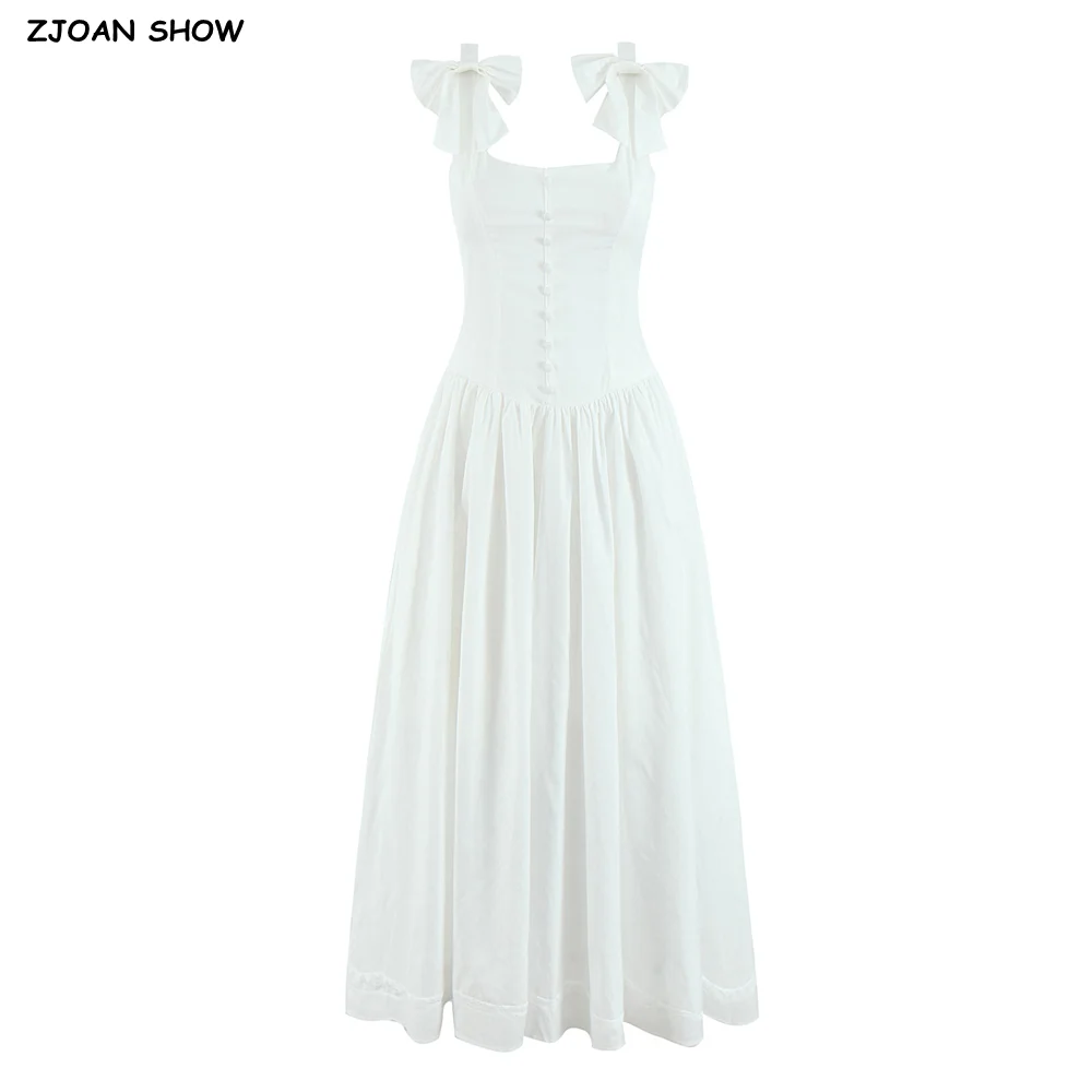 2025 Sexy White 3D Bow Strap Midi Long Tank Dress Women Slim Low Waist Spliced Lace Pleated Hem Swing Sling Dresses Party Robe