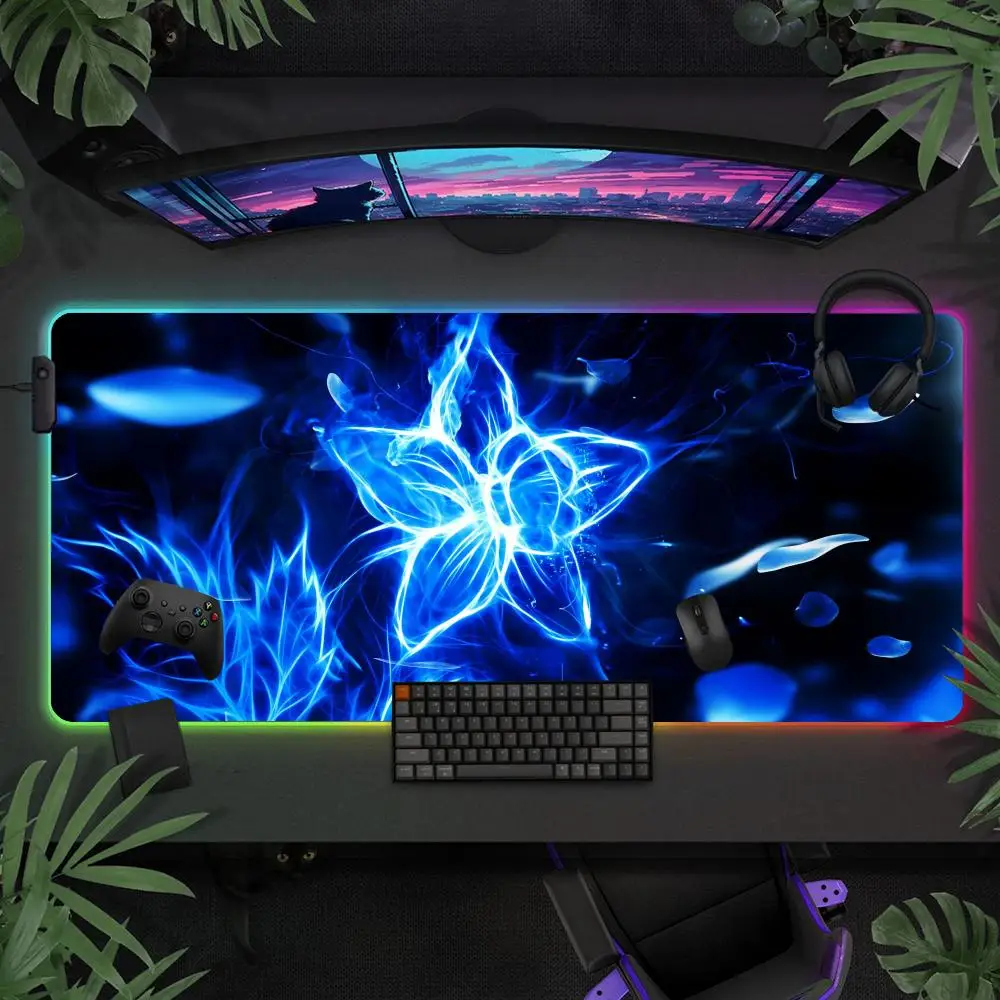 

Blue Flower Mouse Pad Large RGB Gaming Mousepads LED Light Locked Edges Game Accessories Table Pads PC Keyboard Mats XXL 90x40cm