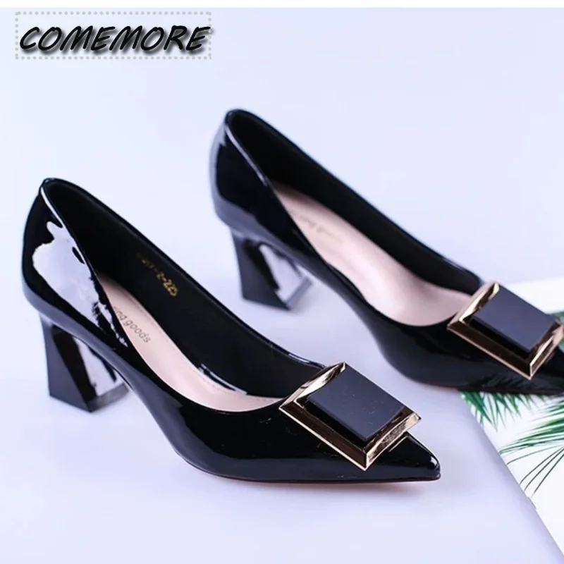 Women\'s Shoes Elegant High Heels Pink Leather Pointed Toe Luxury Pumps Fashion 2024 Trend Square Buckle OL Office Casual Shoes