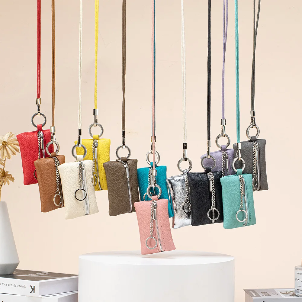 Compact Neck‑carry Soft Leather Key Coin Pouch Metal Circle Puller Zipper Coin Purse Multi‑scenario Portable Small Coin Holder