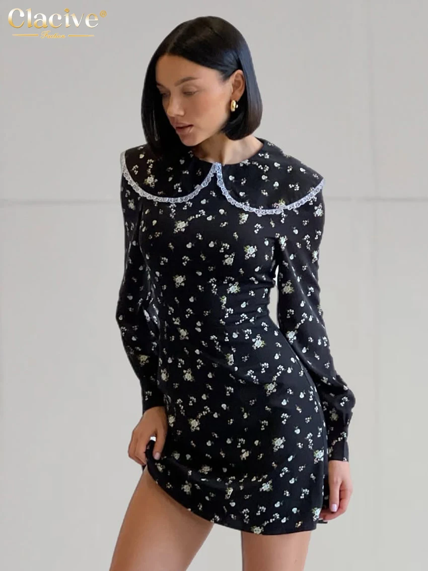 Clacive Fashion Loose Print Women's Dress 2025 Casual O-Neck Long Sleeve Mini Dresses Lady Elegant Classic Dress Female Clothing