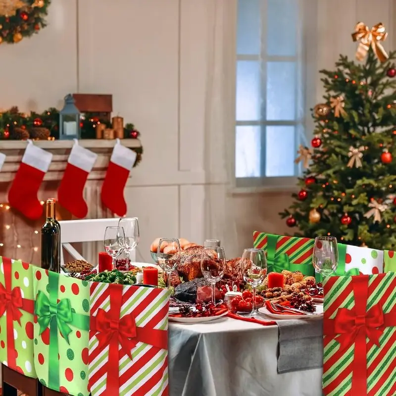 VIKAMA Christmas Holiday Chair Back Cover Gift Box Bow Print Removable Washable For Dining Room Kitchen Christmas Party Decor
