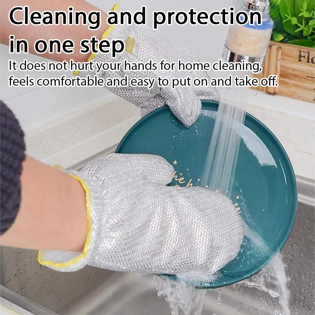سلك قفازات غسل الصحون المطبخ متعددة الوظائف مقاوم للماء ومقاومة للاهتراء تنظيف سلك فضي قفازات غسل الصحون 1 زوج
