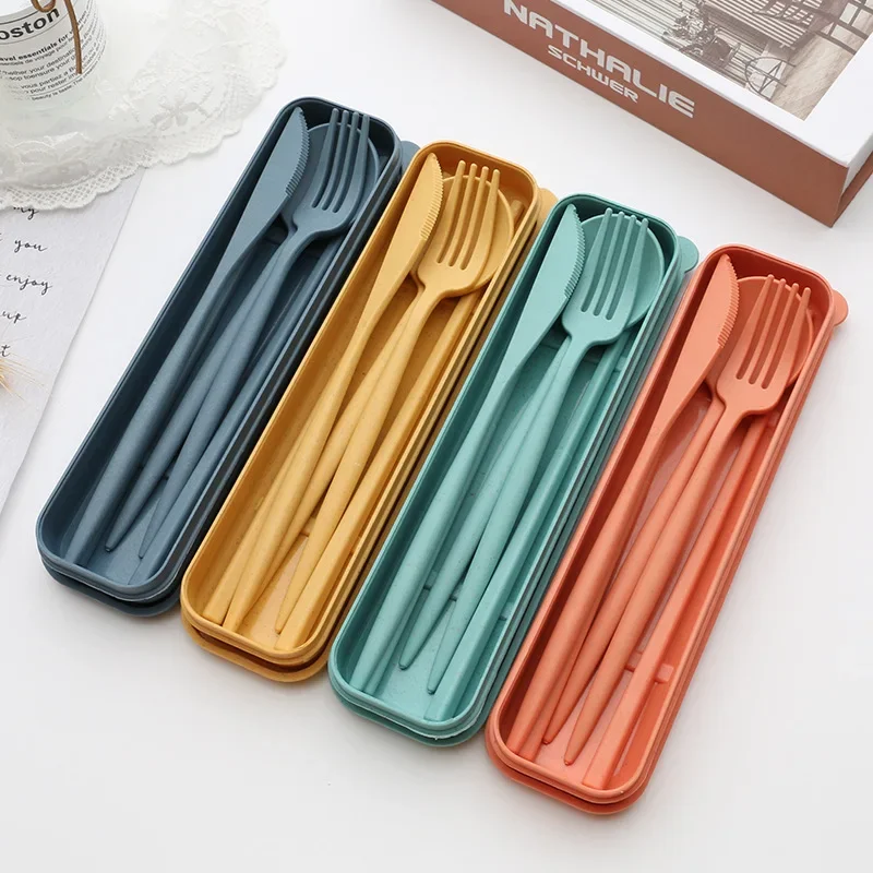 Wheat Straw Portable Tableware Picnic Set Eco Friendly Camping Cutlery With Case Fork Spoon Camping Tableware Picnic Cutlery Set