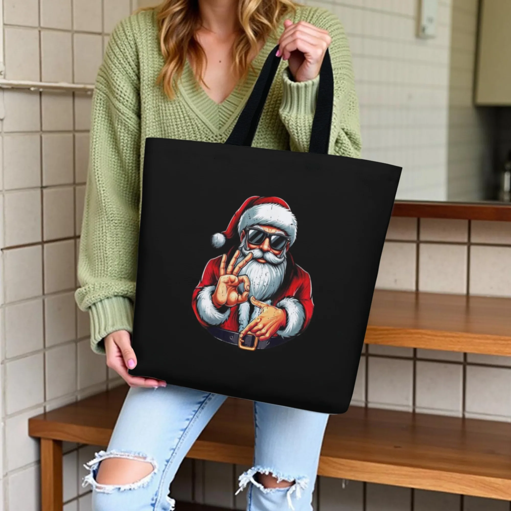 Bolso de mano negro con estampado de tema de gesto de mano de Papá Noel 67 de moda, bolso de hombro para mujer, regalo ecológico y elegante adecuado para adolescentes