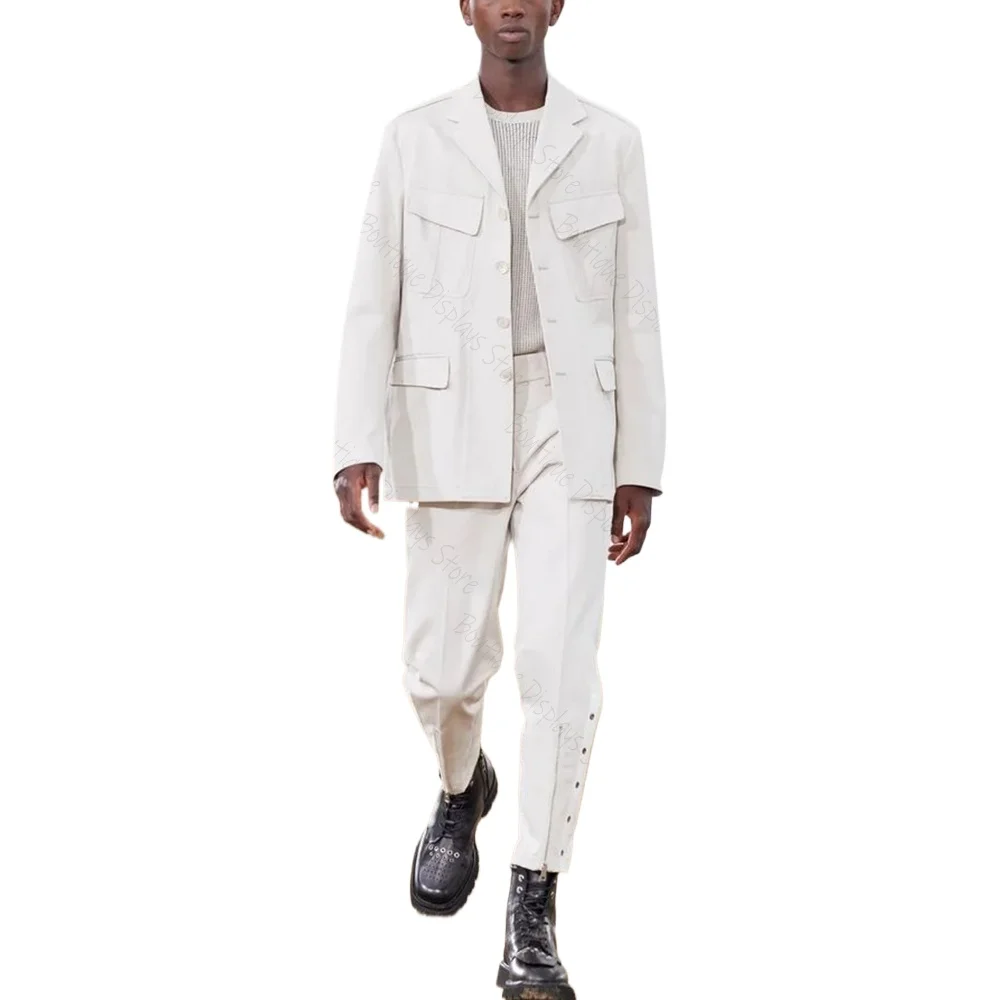 Setelan Pria Lurus Kancing Sebaris Putih Murni Dua Potong (Jaket + Celana) Pakaian Kerah Set Pernikahan Prom Pesta Kasual Chic