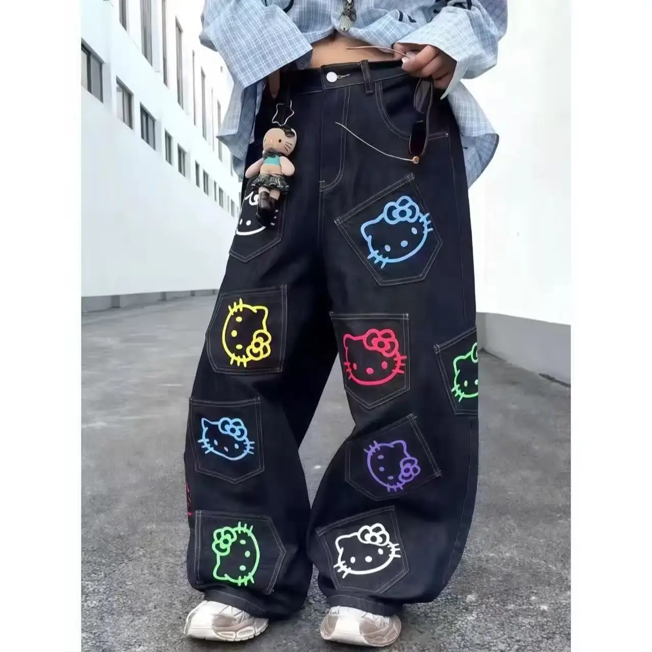 

Sanrio Hello Kitty American Vintage Jeans Wide Leg Pants High Waisted Trousers Straight Pants Sweet Embroidery Girl Fashion New