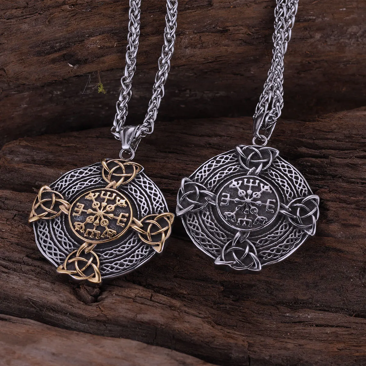 Stainless Steel Nordic Vikings Compass Symbol Necklace Men Scandinavian Celts Eternal Knot Amulet Jewelry Gold Color Necklace