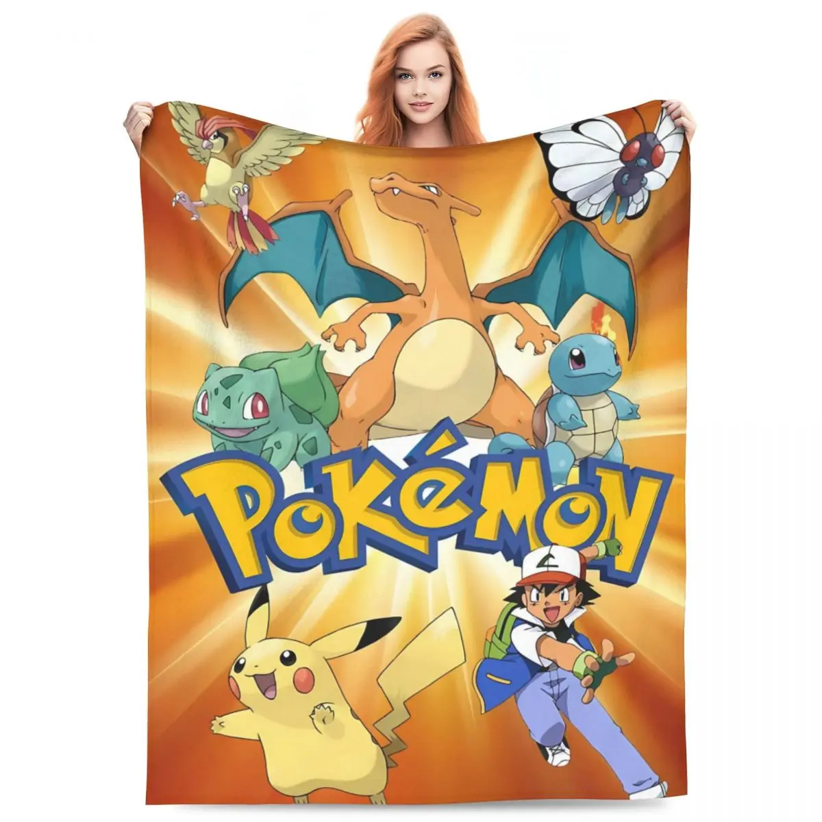 Poke-mon Pikachu Blanket Warm Funny Plush Bedding Throws For Living Room Airplane Travel Flannel Bedspread Bed Cover