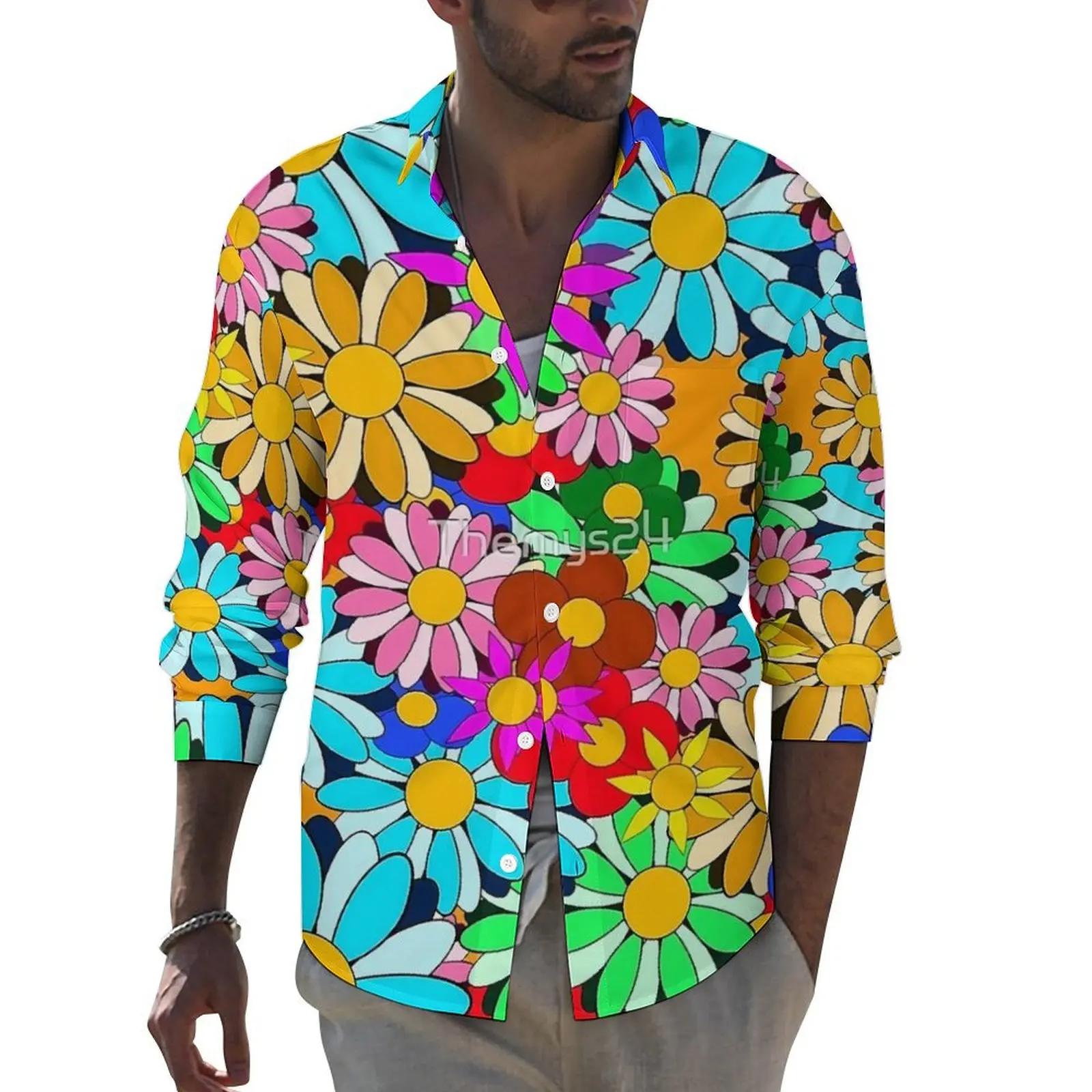 

Flower Power Casual Shirts Men Retro Floral Print Shirt Long Sleeve Vintage Stylish Blouses Spring Printed Clothing Plus Size