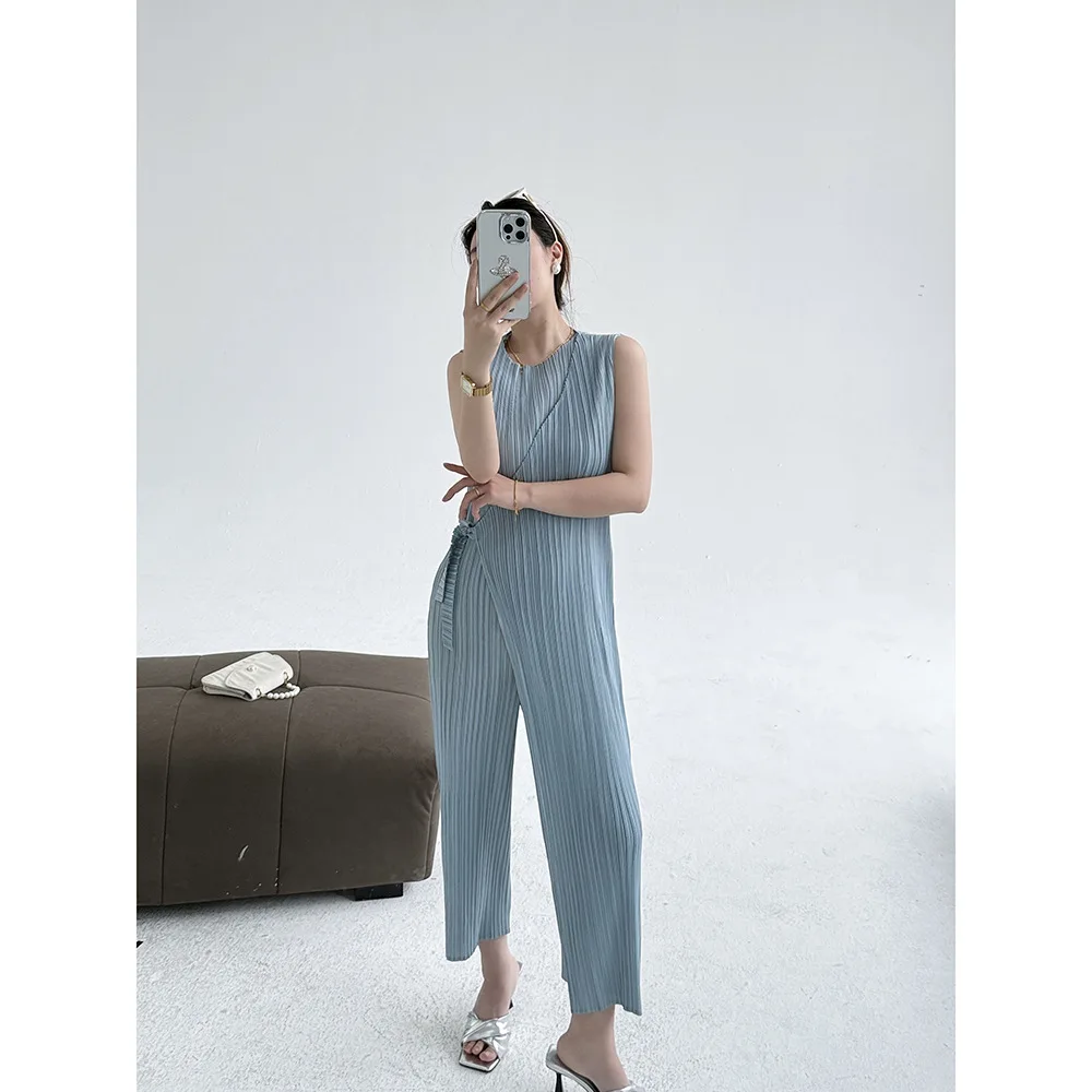 

Лето 2023, новинка, желтый плиссированный комбинезон из ткани Toray, топ и боты, женские брюки из девяти предметов с высокой талией, полиэстер