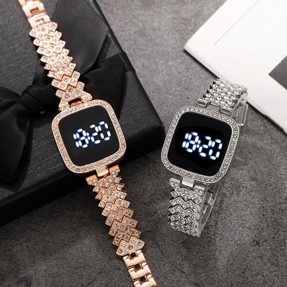 Luxury Rhinestone Digital Watch for Women Simple Touch Screen LED Watch Fashion Steel Strap Rose Gold Ladies Watch Reloj Mujer