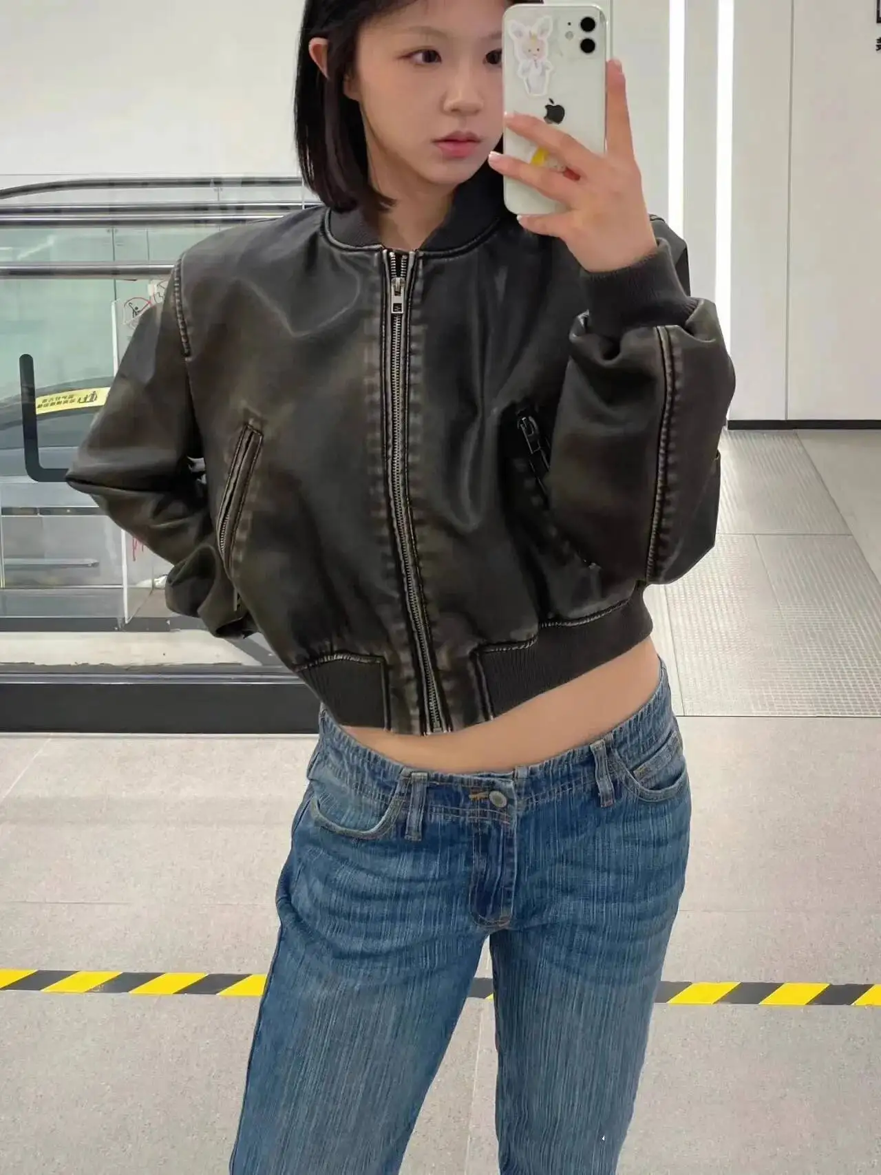 ZVRI 2024 New Vintage Imitation Leather Bomber Jacket Coat Top Women's Style