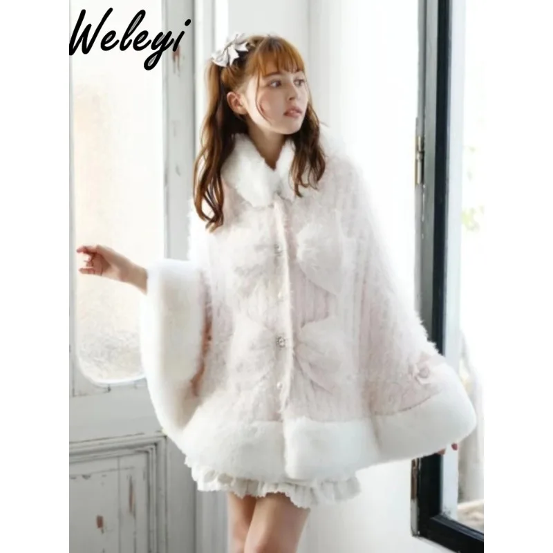 Cute Japanese Jirai Kei Cape Plush Coat 2024 Spring and Autumn Princess Sweet Women's Imitation Rabbit Fur Long Sleee Furry Coat