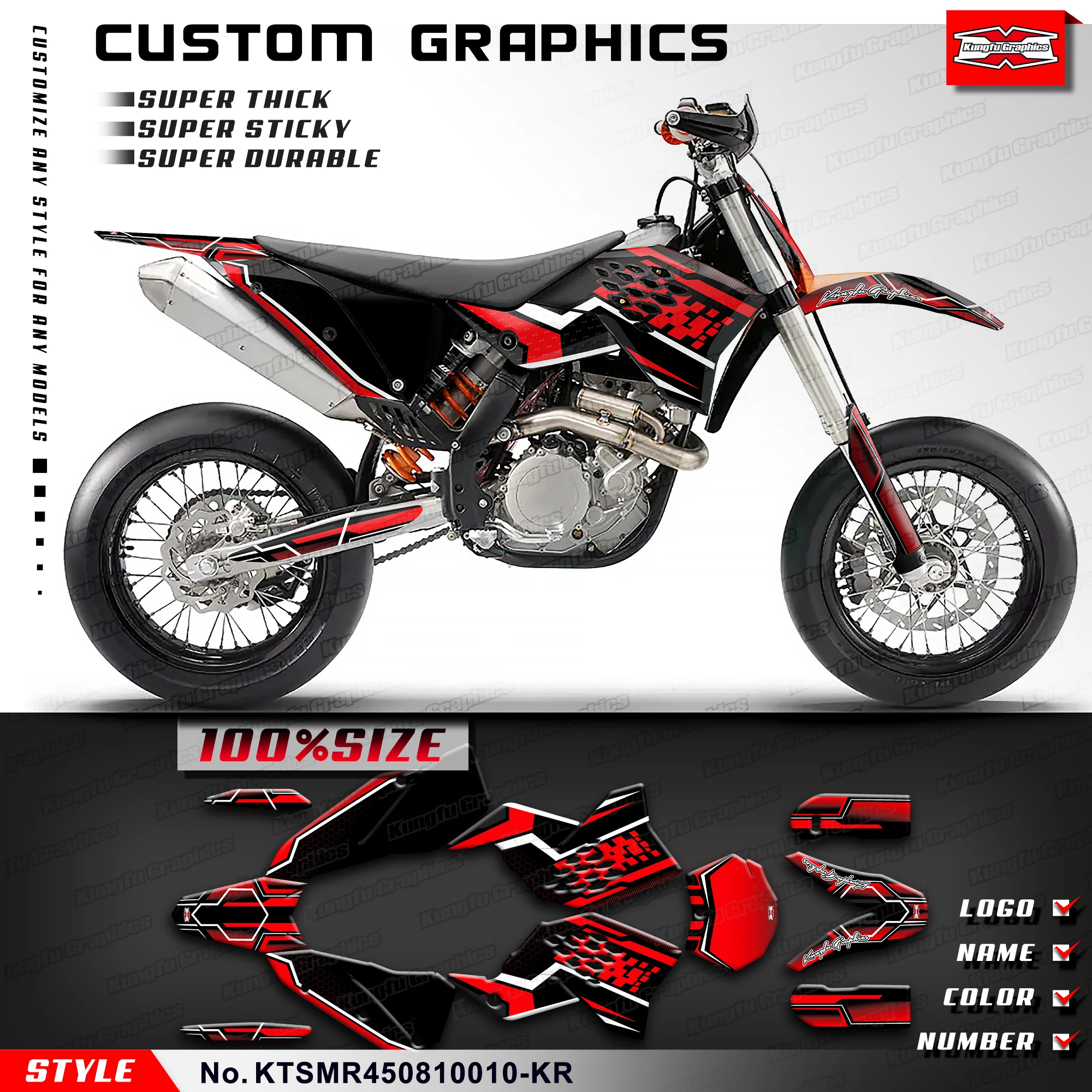 

KUNGFU GRAPHICS Motorcycle Stickers Decals Kit for KTM SMR 450 SMR450 2008 2009 2010, Black Red, Style No.KTSMR450810010-KR