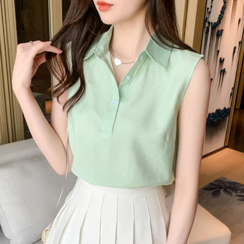 Fashion Summer Blouses for Women Stripe Womens Tops Shirt Chiffon Sleeveless Womens Blouses Basic Clothes for Women Sexy Blouse