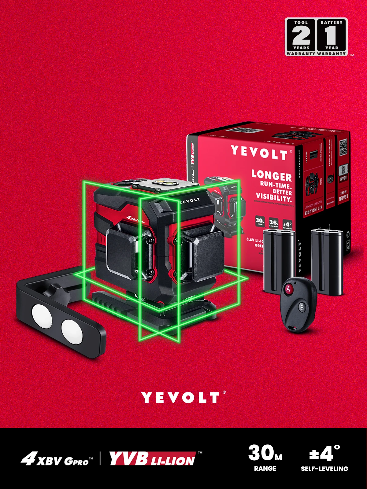 

YEVOLT YVGLL4XS12TDP-L 3-Plane Laser Level 3D 12-Line 2 Battery All Day Work Green Ground Self-Leveling Tool Kit Magnetic Holder