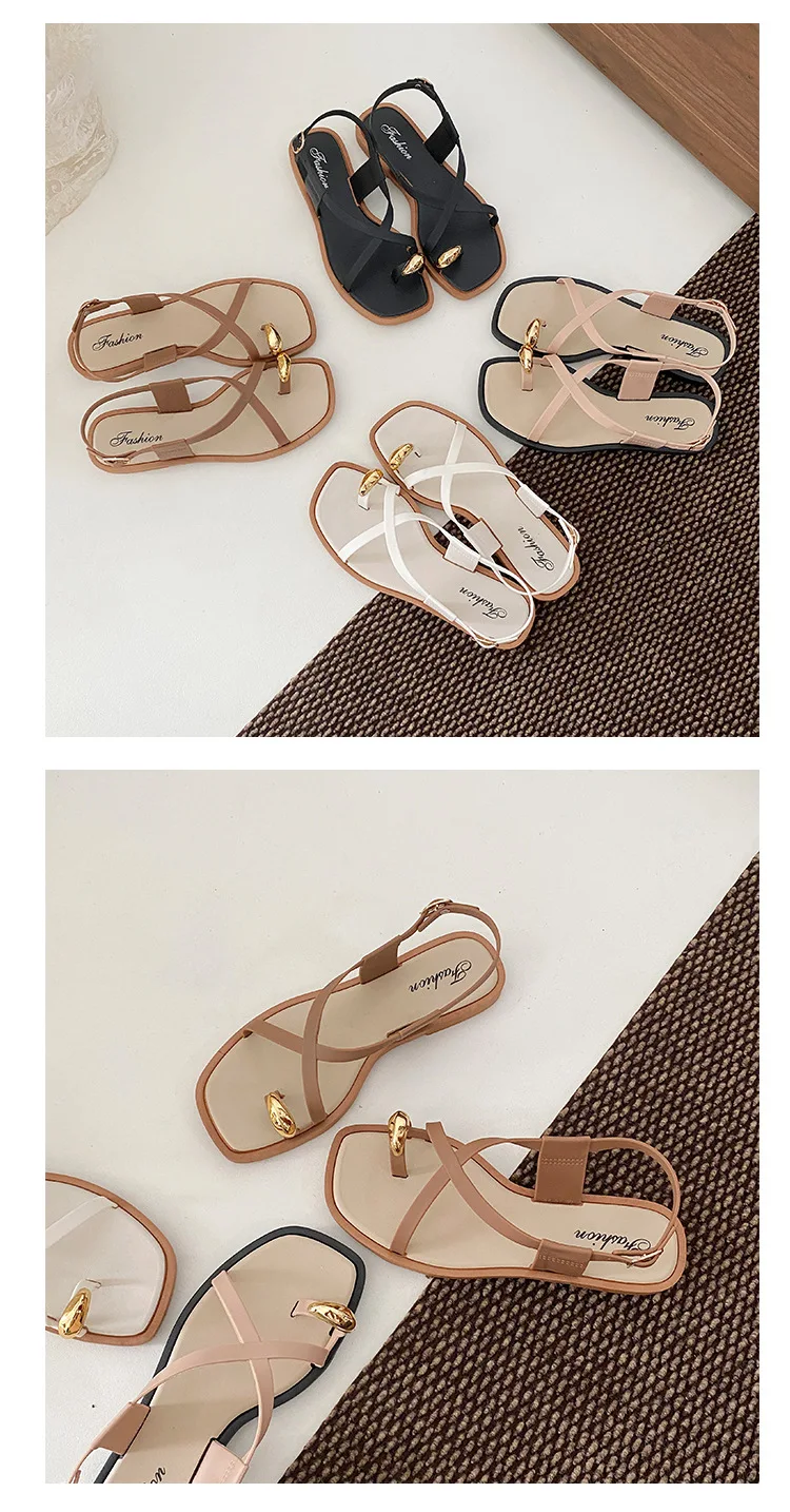 2026 Damen Sandalen mit flachem Absatz, Zehenclip, lässige Römersandalen, Sommer, schmaler Riemen, Knöchelschnalle, Strandschuhe für Damen – Detail 15
