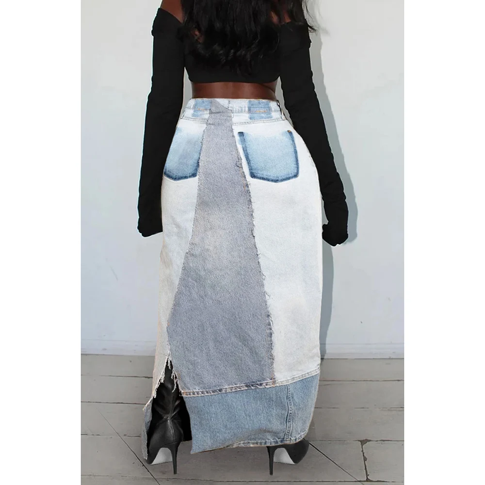 Plus Size Women's Casual Skirt Retro Short Denim Button Leg Slit Wrap Skirt