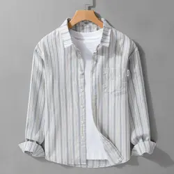 Japanese Fresh and Retro Men Long-sleeved Striped Shirt in Autumn New Style and Versatile Loose and Comfortable Jacket