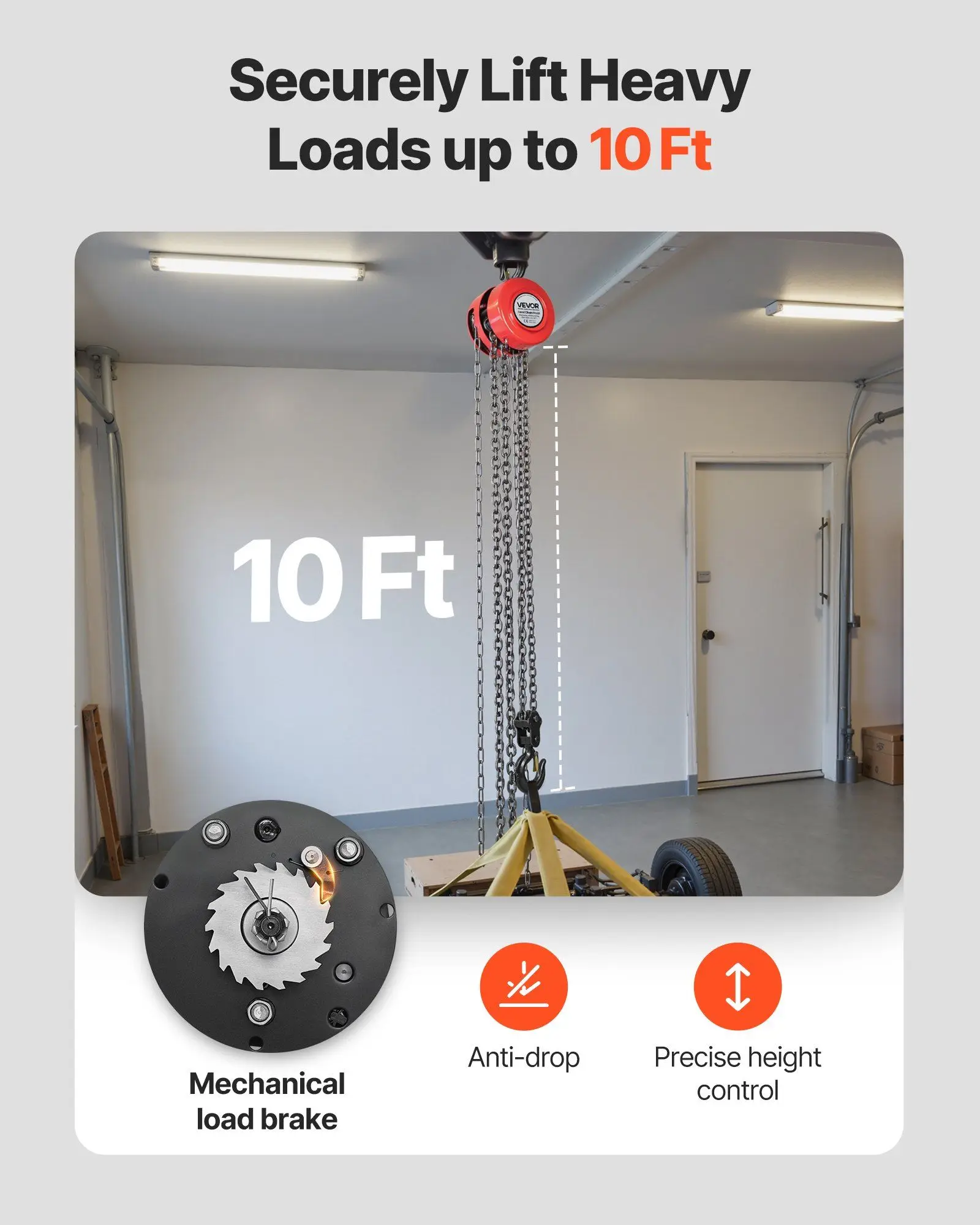 رافعة سلسلة يدوية 2 طن/4400 رطل 10 أقدام ارتفاع الرفع G70 سلسلة مجلفنة، بكرة يدوية شديدة التحمل لمستودع المرآب