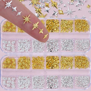 1000pcs-12grids 3d Gold Silver Star/Cross Nail Rivet Stats Entalle Metallic Starlight Charms Y2K 3D Cross/Star Manicure Rivet 10 mejores encantos de ventas de uñas - №5