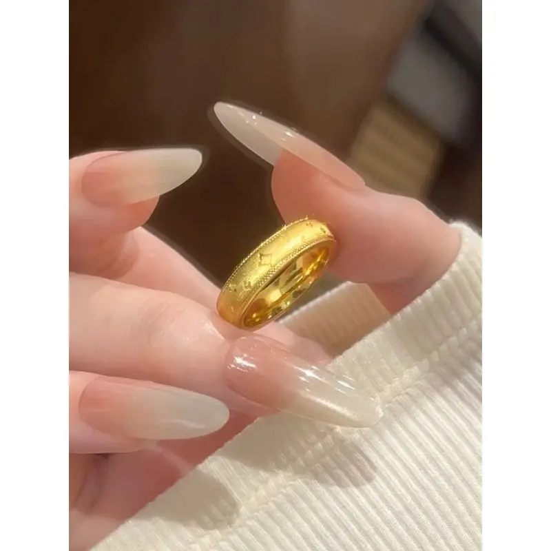 24k 999 gold ring, vintage light luxury style, women's brushed starry sky ring, plain band ring, versatile and simple