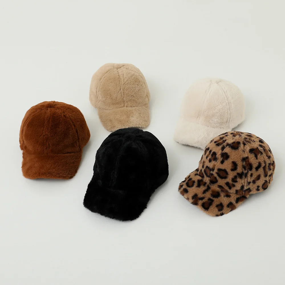 MiniAinis Autumn Winter Girl Kid Plus Velvet Warm Leopard Peaked Cap Boy Baby Fleece Windproof Baseball Hat Children Solid Caps