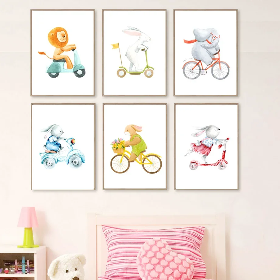 Animal Bicycle Rabbit Motorbike Scooter Nursery Wall Art Canvas Painting Nordic Posters And Prints Wall Pictures Kids Room Decor