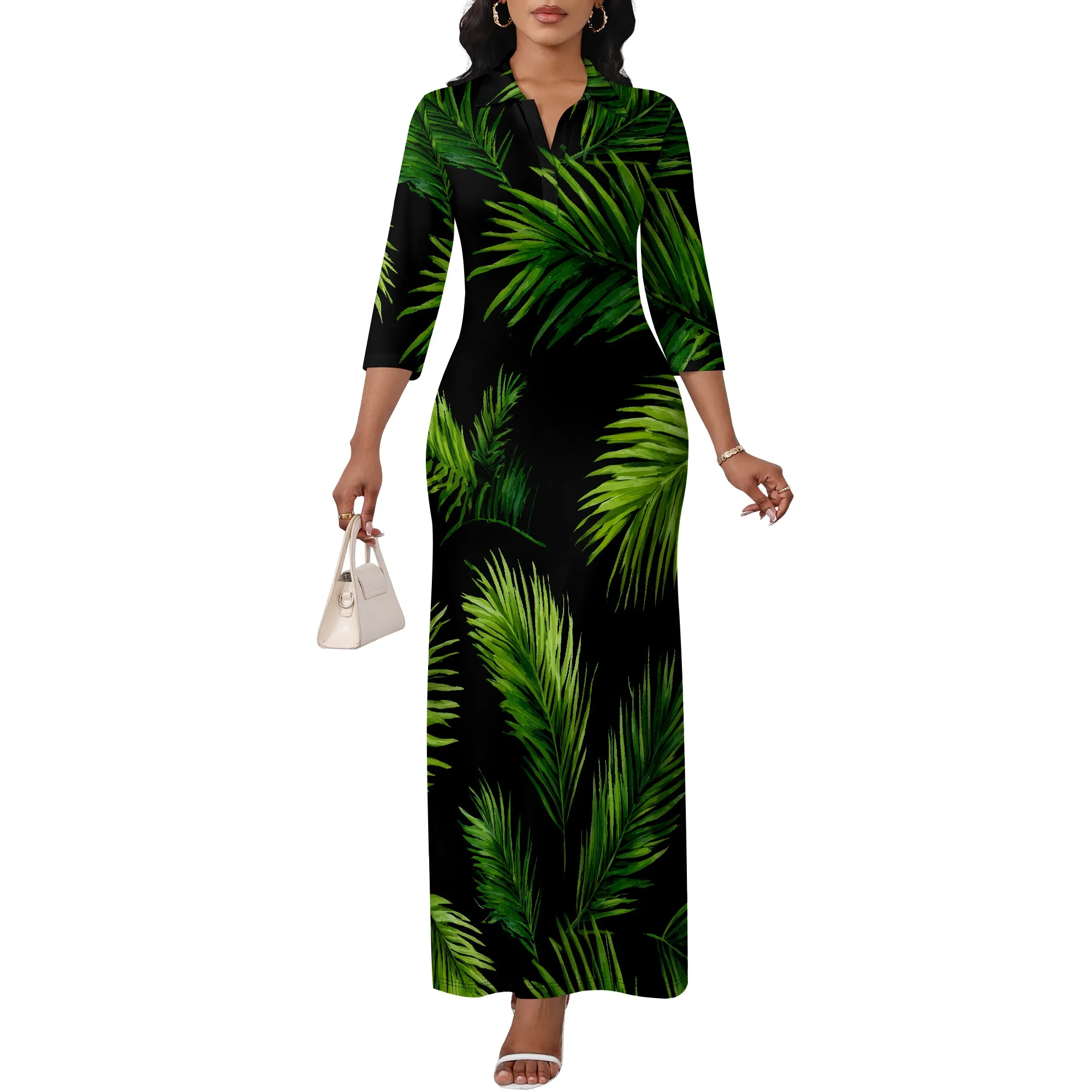 

Women Long Sleeve Deep V Neck Loose Plain Long Maxi Casual Dress
