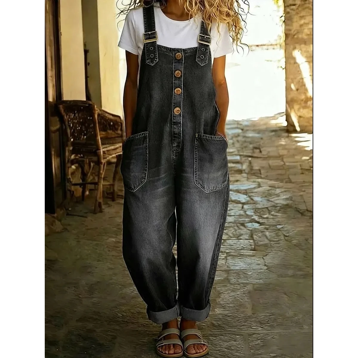 Retro Distressed Loose Women's Casual Denim Overalls with Adjustable Buckle Fashionable Cross-Border Long Pants Polyester