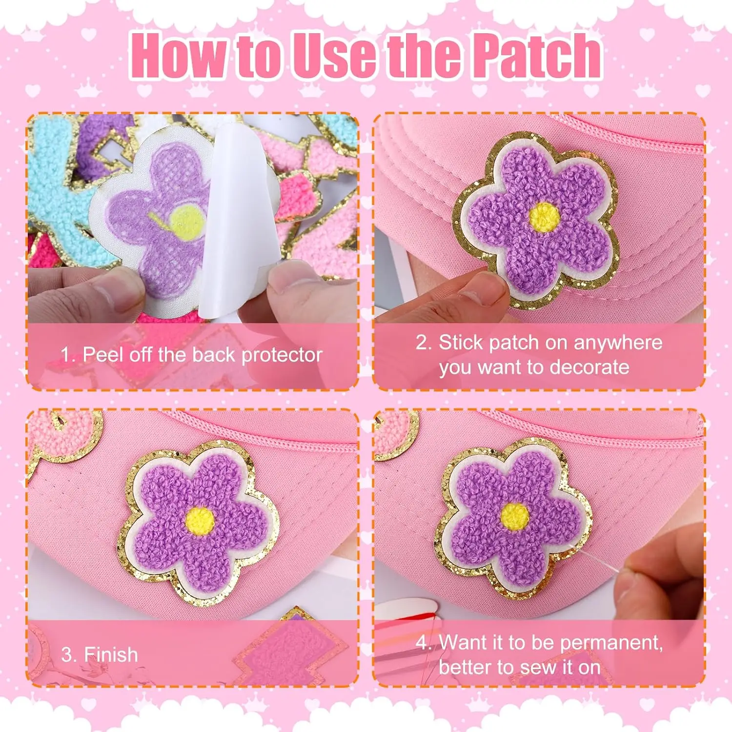 72 Pcs Preppy Chenille Patches Self Adhesive for DIY Clothing,Include 52 A-Z Chenille Letter Patches Stick on,20 Rainbow Flower