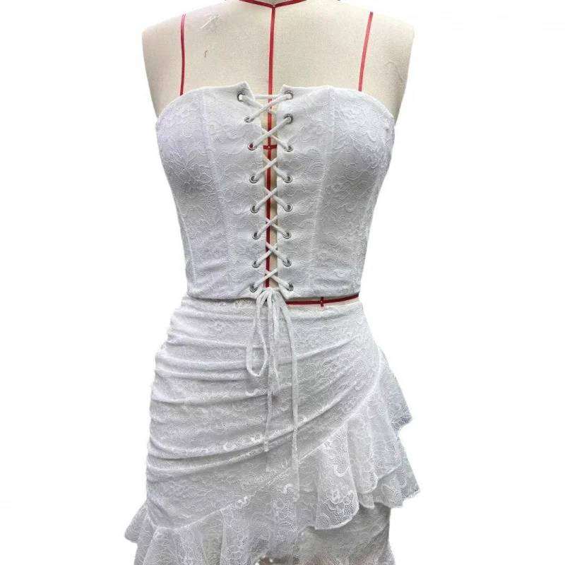 Conjunto de falda ajustada de encaje con tirantes de espina de pescado elegante a la moda europea y americana para mujer nuevo