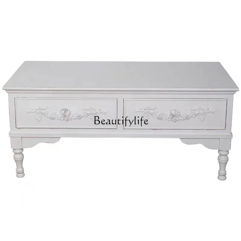 

French retro solid wood coffee table living room carved coffee table American white old small table