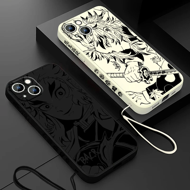 Rengoku Kyoujurou Demon Slayer Phone Case For Apple iPhone 15 14 13 12 11 Pro Max Plus 8 7 SE Liquid Left Rope Capa Cover