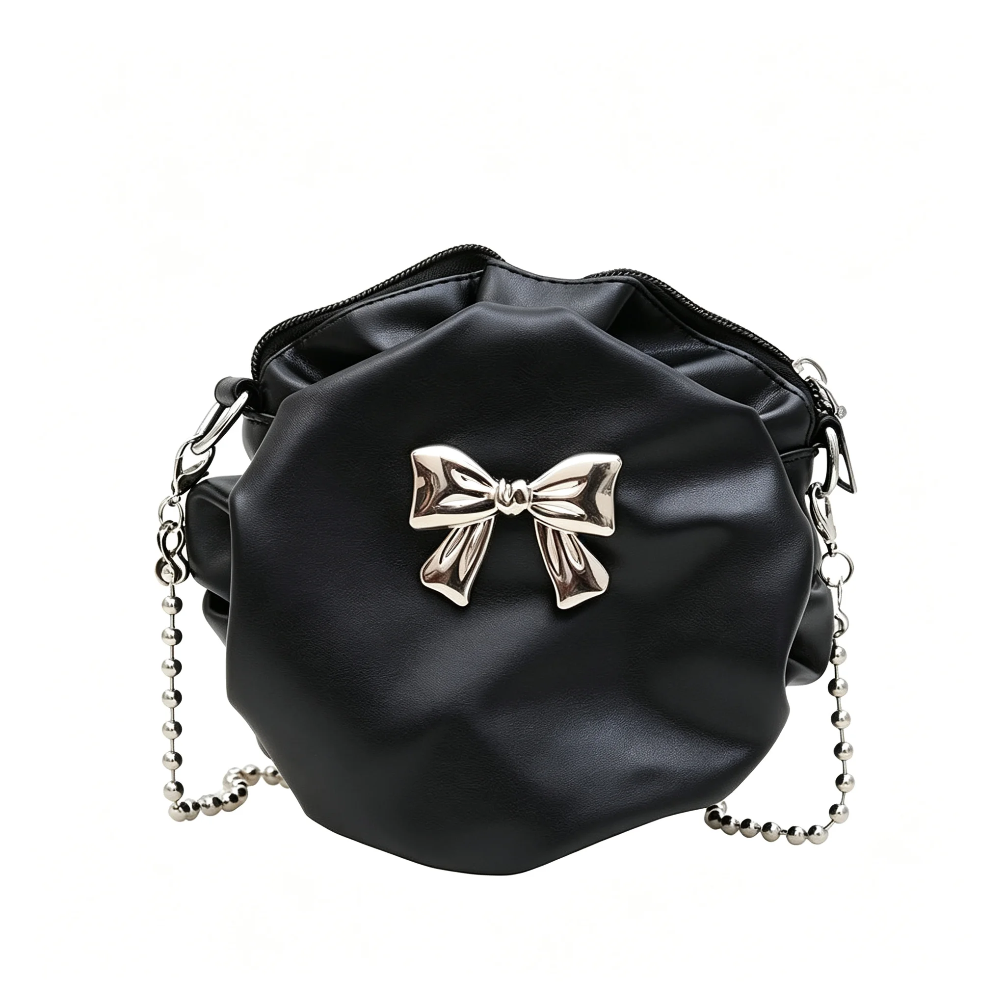 Bolso redondo con volantes, de colores negro, rojo, verde, plateado, caqui y blanco, con un lazo metálico y cadena, para llevar al hombro o cruzado, de cuero sintético, ideal para niñas.