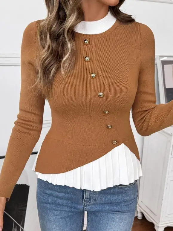 

Autumn Fashion Color Blocked Splicing Metal Button Decorative Ruffle Irregular Design Women's Long Sleeved Knitted Sweater