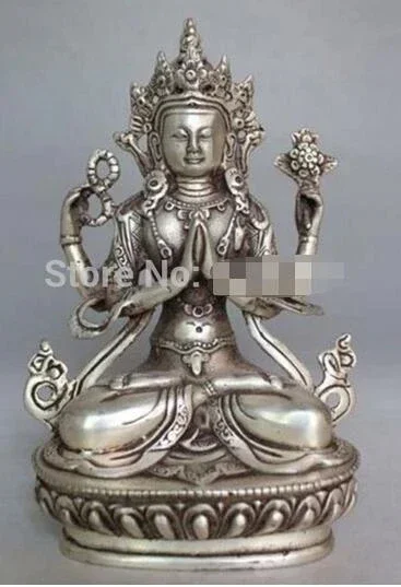 

Tibet Buddhism Silver Bodhisattva Four-armed Avalokiteshvara Buddha Statue