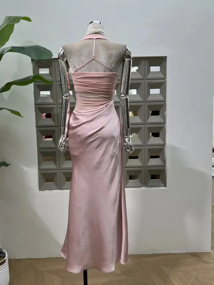 신상 여성 우아한 핑크 섹시 홀터 백리스 메쉬 시스루 파티 드레스 생일 연예인 이브닝 프롬 웨딩 드레스