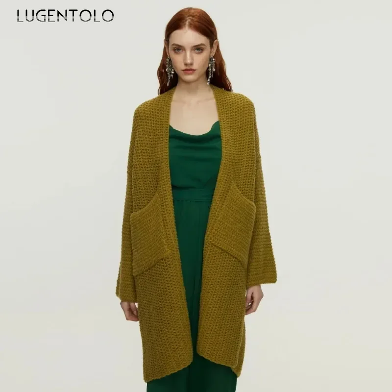Women Casual Sweater 2024 Y2k Solid Color Loose Long Knitted Thermal Coat Fashion V-neck Oversized Cardigan Elegant Party Wear
