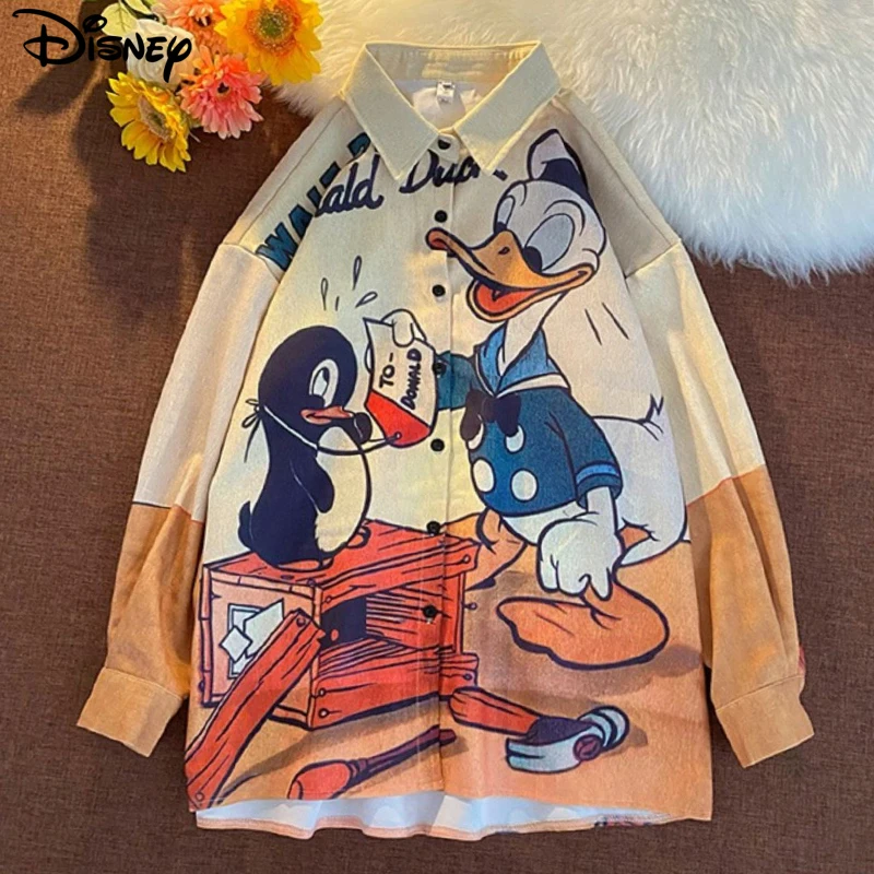 Disney 2022 New Arrival Top Fashion Autumn Cotton Loose Ins Couple Casual Cartoon Donald Duck Print Long Sleeve Casual Shirts