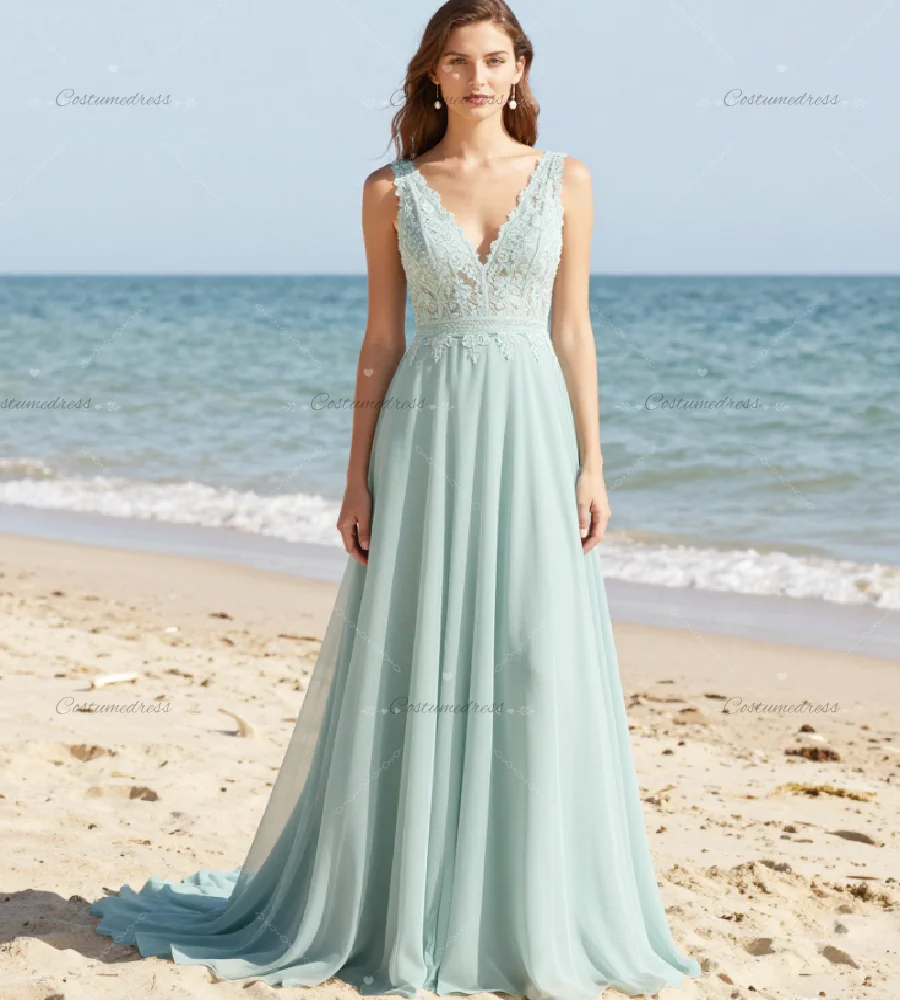 

Минималистичное свадебное платье цвета шалфейной зелени 2026 года, сексуальное, с V-образным вырезом, из шифона, с открытой спиной, в стиле бохо, с кружевом, для гражданской церемонии, для невесты без туфель