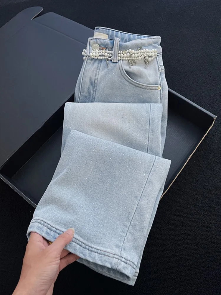 Vintage Light Blue Winter Warm Fleece Liner Denim Pants Women Pearl Beading High Waist Straight Jeans Fashion Trousers Female