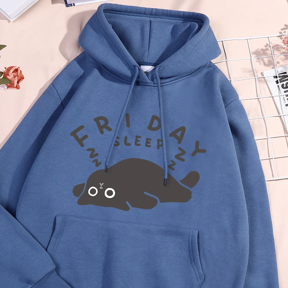 Friday Sleep Black Cat Printed Women Tracksuit Harajuku Pocket Hooded Causual Drawstring Sportwear Unique Versatile Clothing