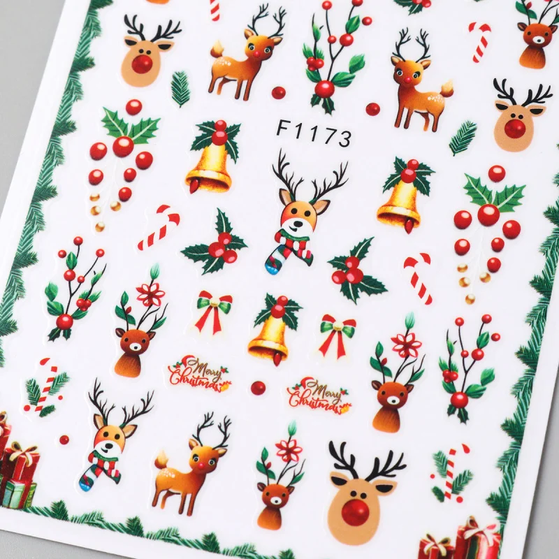 2개입 크리스마스 네일 스티커 겨울 순록 크리스마스 트리 홀리 덩굴 네일 아트 데칼 화려한 꽃무늬 폴리쉬 슬라이더 장식