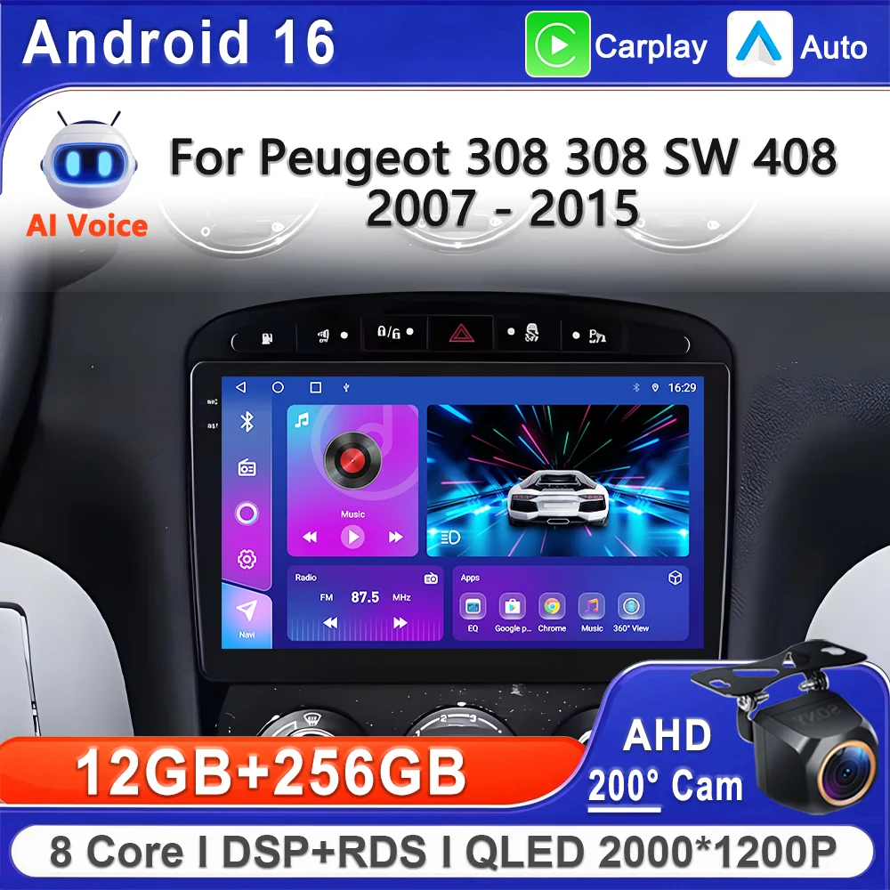 Reproductor Multimedia para Auto Android 16 para Peugeot 308 308 SW 408 RCZ 2007-2015, Radio Auto, Carplay, Estéreo, GPS, Navegación para Auto, DVD, WIFI