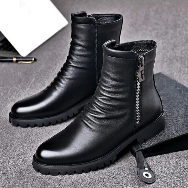 

Men's High Top Boots Genuine Leather Boots British Style Business Boot Fashion Casual Dress Boot Plush Warm Winter Boots for Men