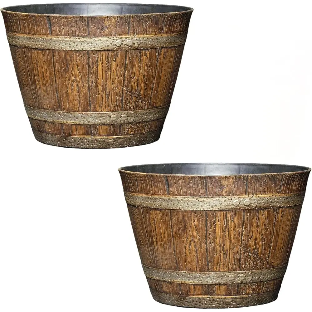 

Outdoor Round Resin Barrel Planter, Distressed Oak Brown, 15, Set of 2